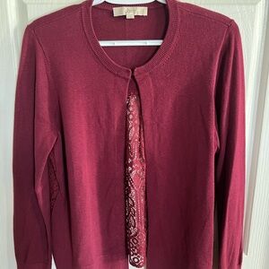 LOFT Women's Rich Burgundy Cardigan with Lace Accent